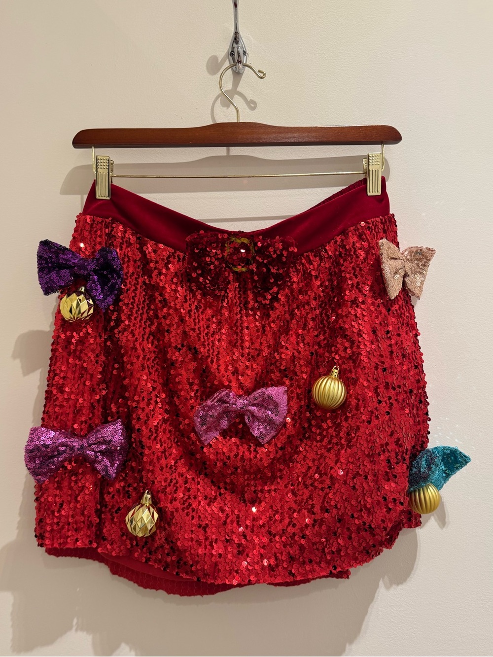Red Sequin Mini Skirt with Bow & Ornament Accents L